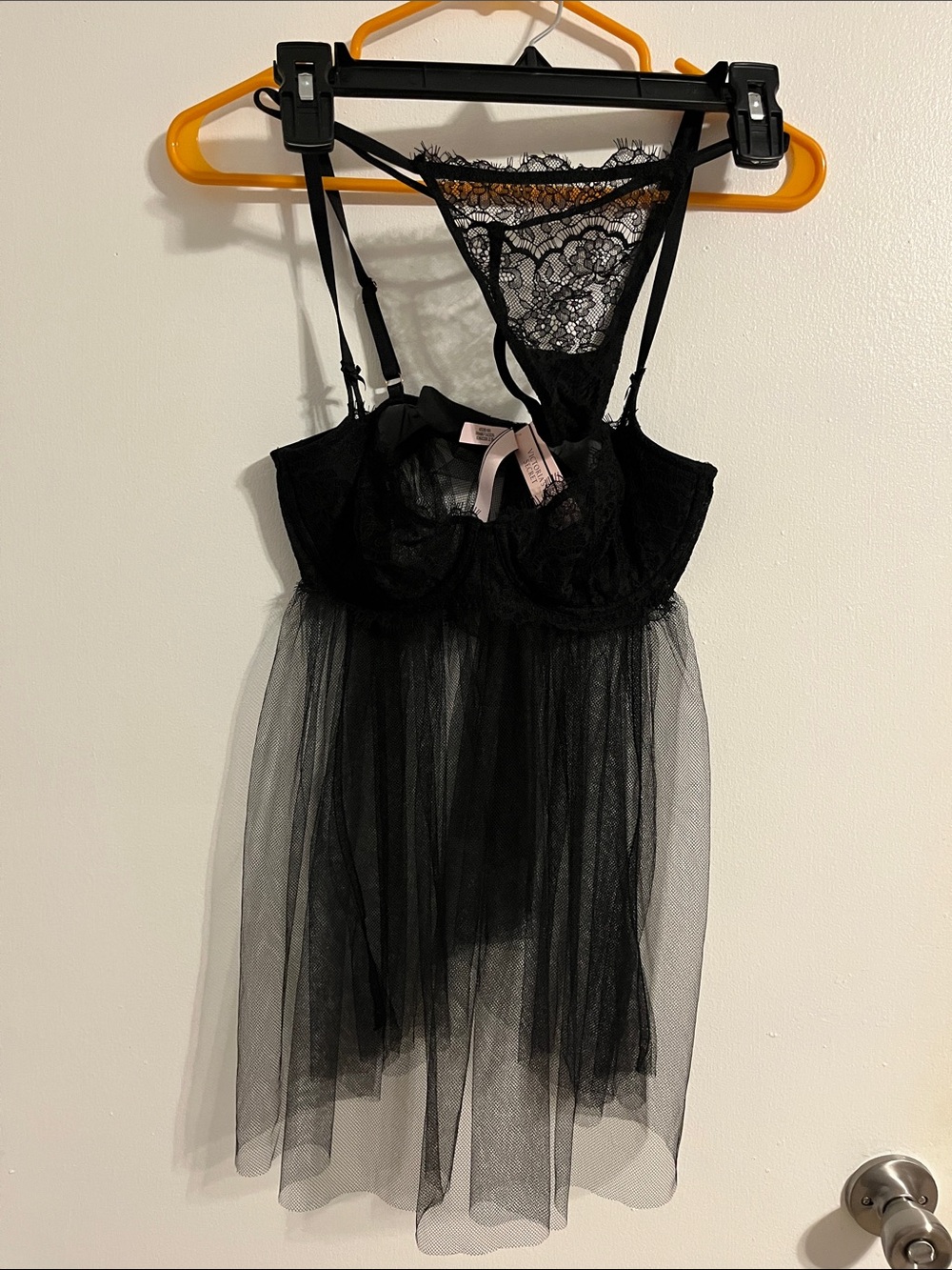 Victoria's Secret Black Lace Babydoll Chemise with Tulle Skirt